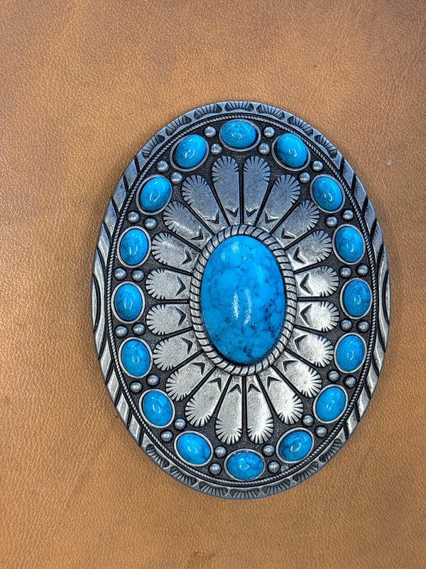 Western belt buckle 3.5 cm with blue stones and feather 🪶 print brushed nickle