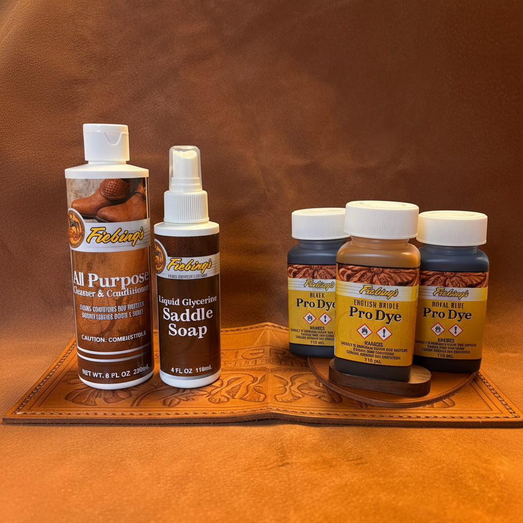 Fiebing’s Leather Polish & Dye Multi Bundle – Glycerine Saddle Soap, All Purpose Cleaner  Conditioner, 3× Pro Dye (Your Choice)