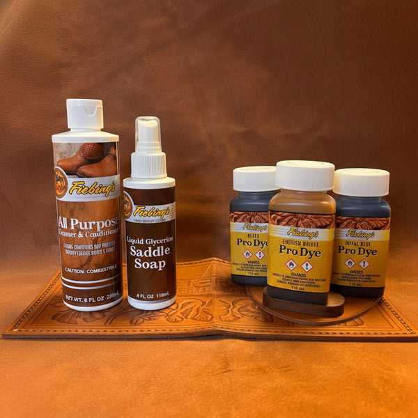 Fiebing’s Leather Polish & Dye Multi Bundle – Glycerine Saddle Soap, All Purpose Cleaner  Conditioner, 3× Pro Dye (Your Choice)