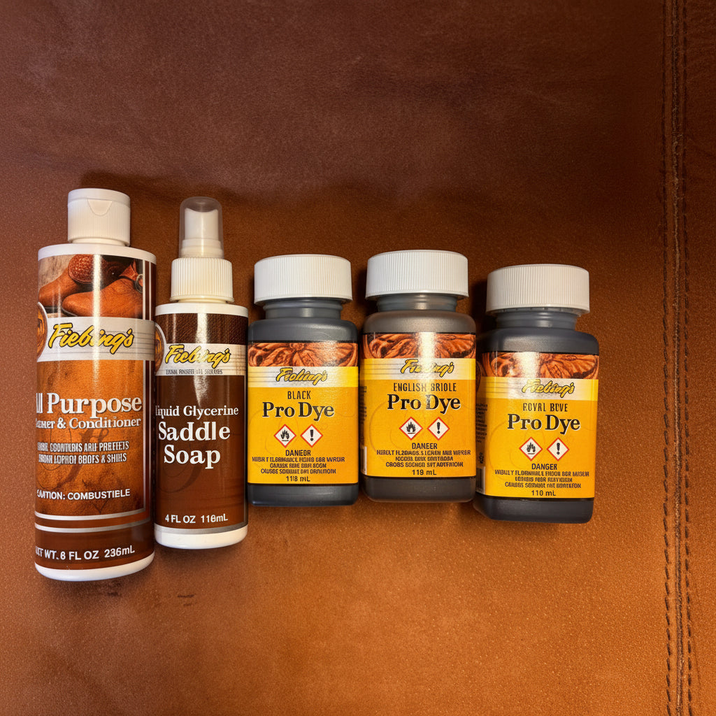 Fiebing’s Leather Polish & Dye Multi Bundle – Glycerine Saddle Soap, All Purpose Cleaner  Conditioner, 3× Pro Dye (Your Choice)