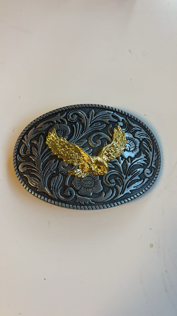 Golden Eagle Western Floral Oval Belt Buckle – Antique Nickel with Gold Accent