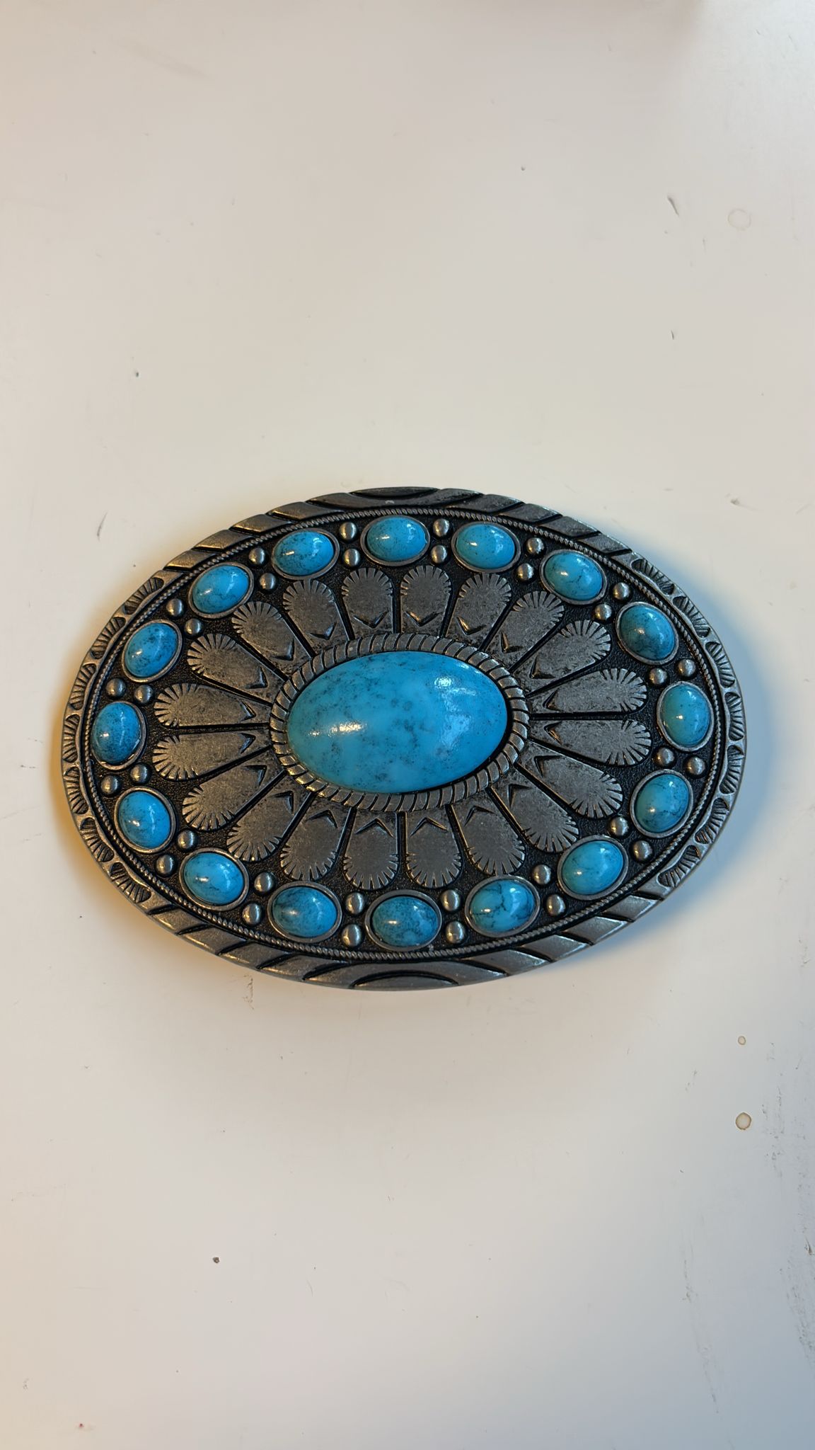 Southwestern Turquoise Concho Oval Belt Buckle – Antique Nickel
