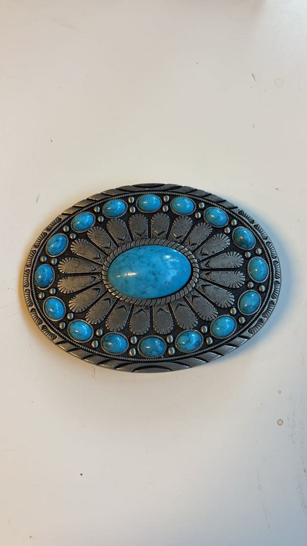 Southwestern Turquoise Concho Oval Belt Buckle – Antique Nickel