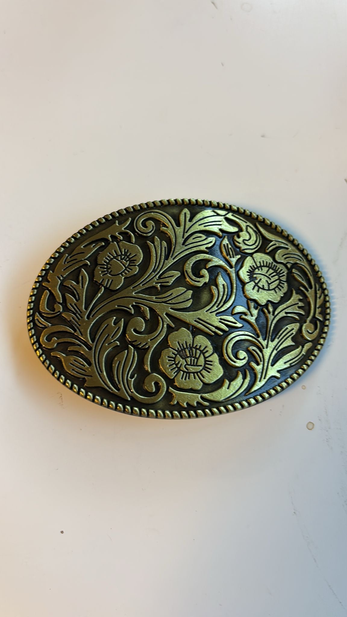Western Floral Scroll Oval Belt Buckle – Old Gold or Antique Nickel