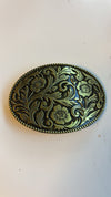 Western Floral Scroll Oval Belt Buckle – Old Gold or Antique Nickel