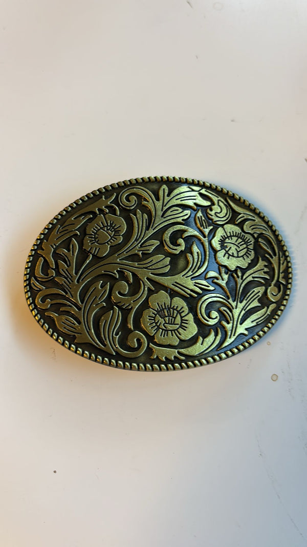 Western Floral Scroll Oval Belt Buckle – Old Gold or Antique Nickel