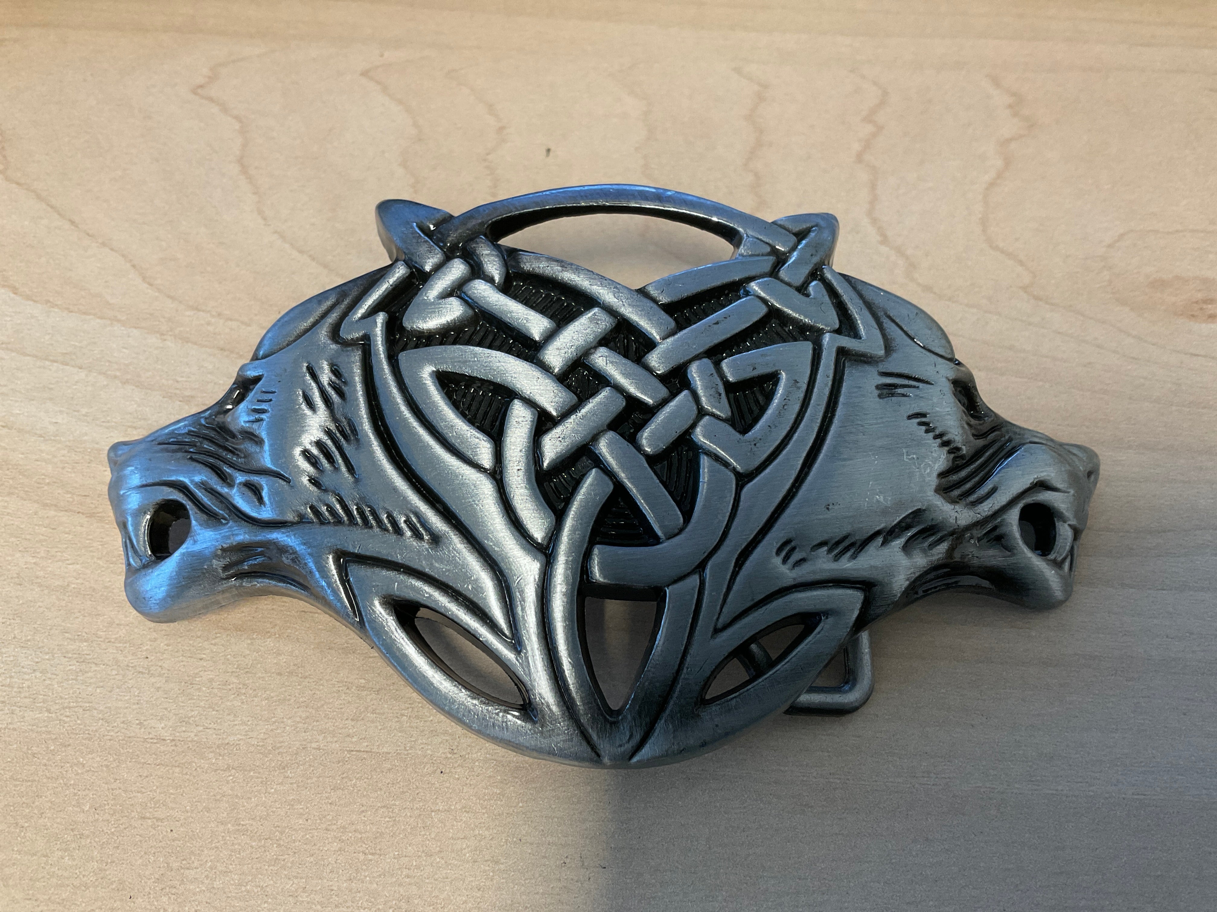 Western Cowboy Wolf Head buckle , celtic pattern.